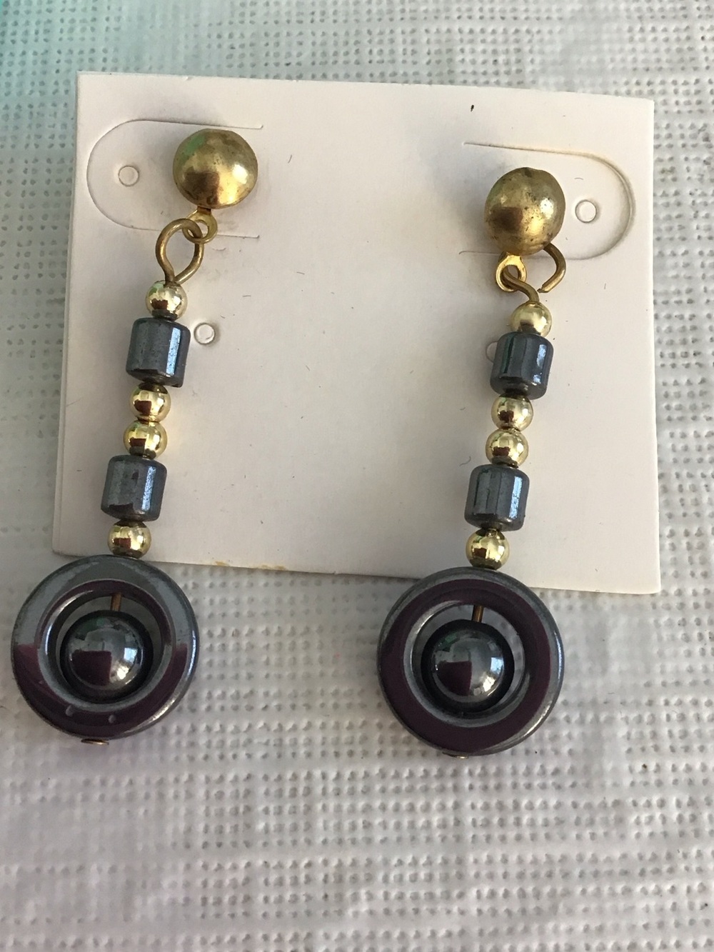 Gold color studs and Hematite Drop Dangle Earrings  ##